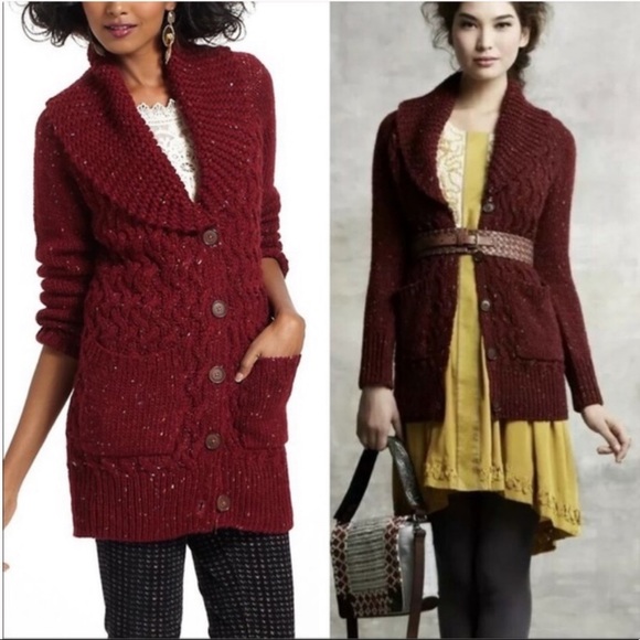 Isabella Sinclair Farfar chunky grandpa cardigan burgundy size XS Anthropologie - Picture 1 of 7